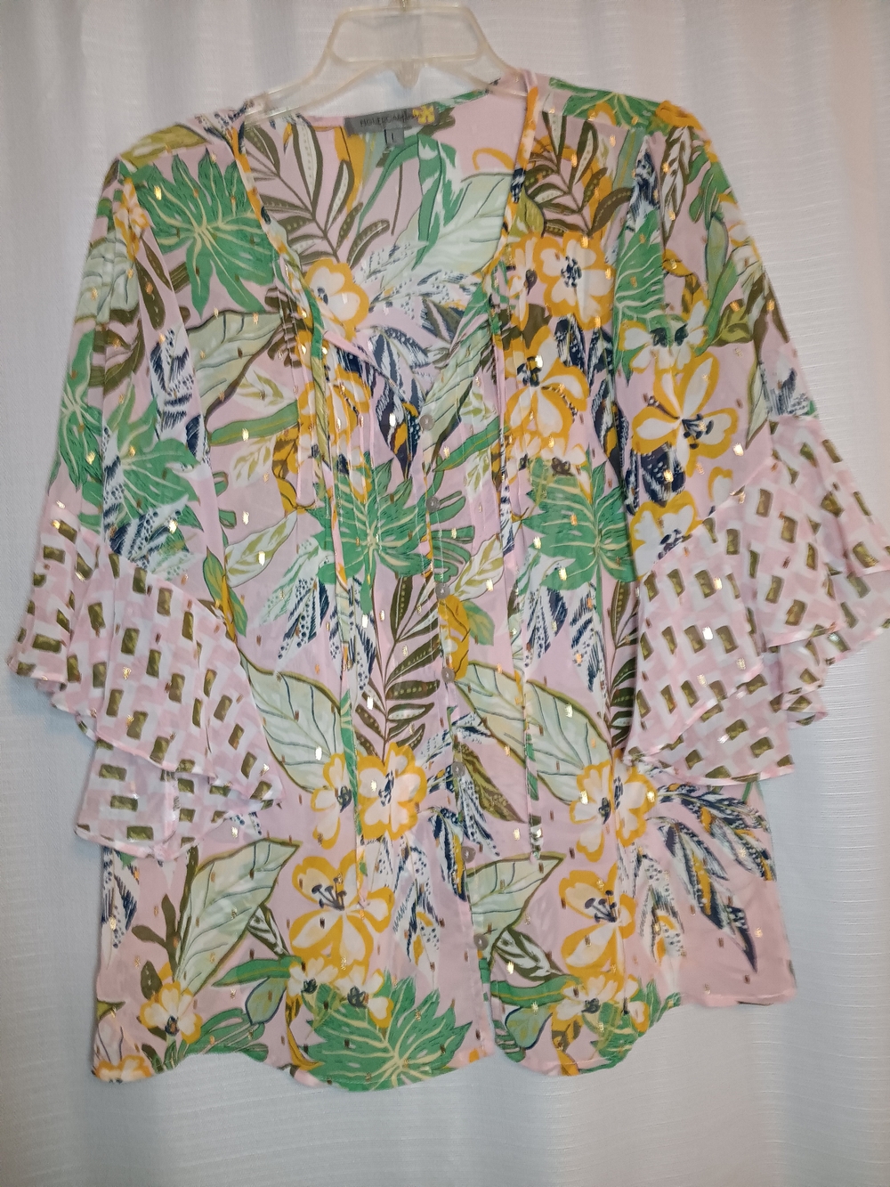 Figeroae Flower Floral V-Neck Tunic Top in Pink, Gold, Green and Yellow